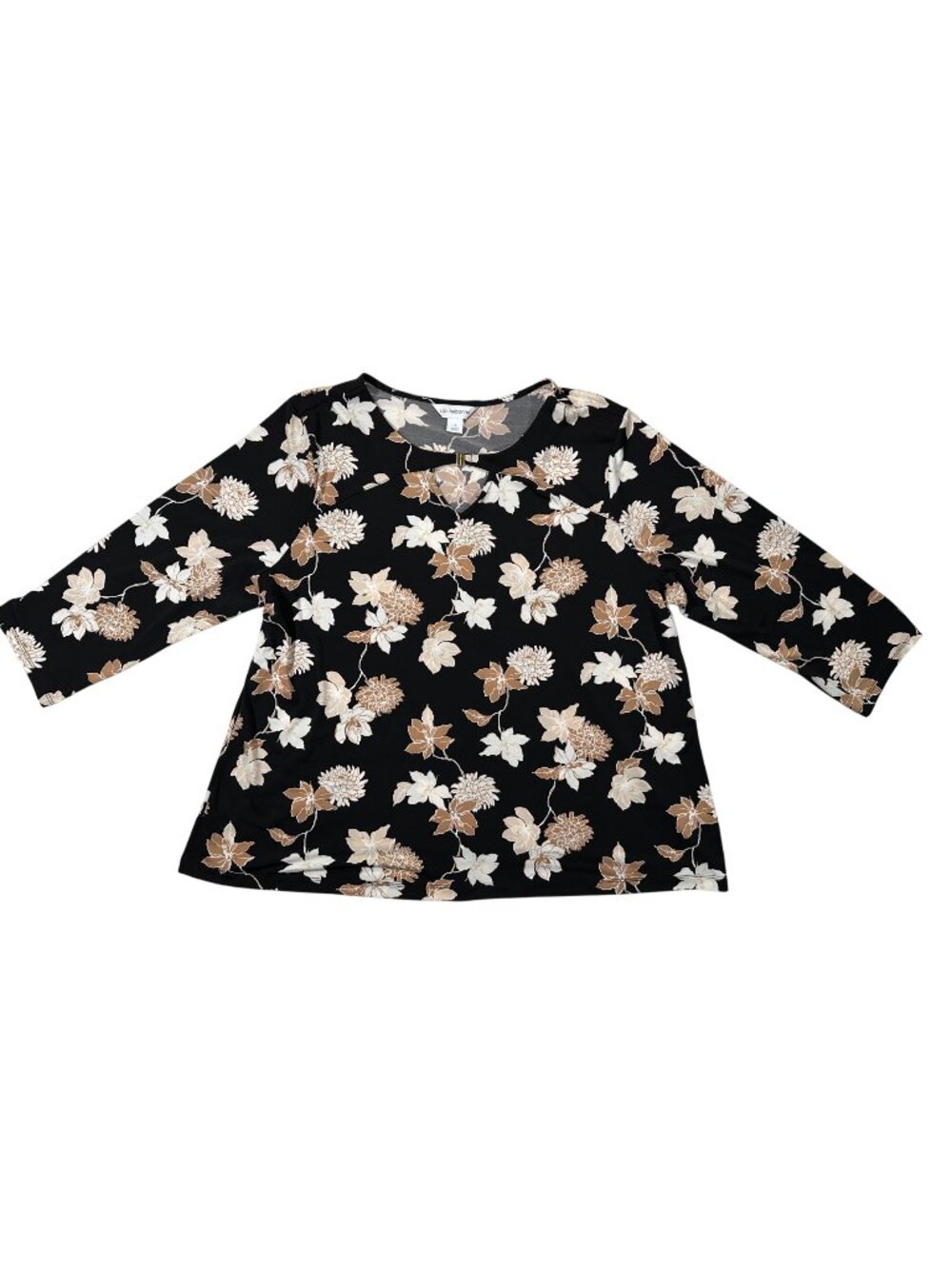 Liz Claiborne Floral Print Womens 1X Black Tan White Blouse 3/4 Sleeve